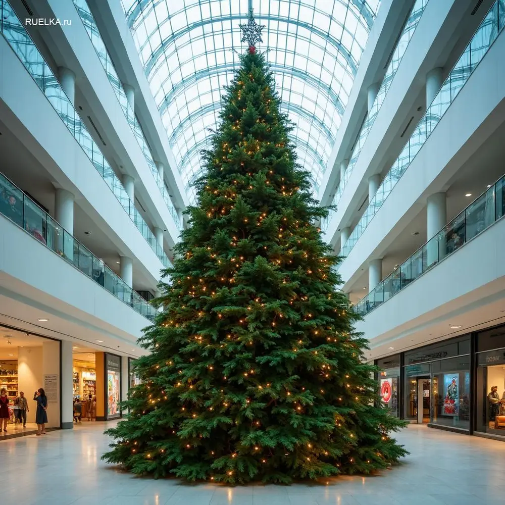 Премиальная искусственная ёлка с плотной хвоей и RGB-подсветкой в интерьере бизнес-центра